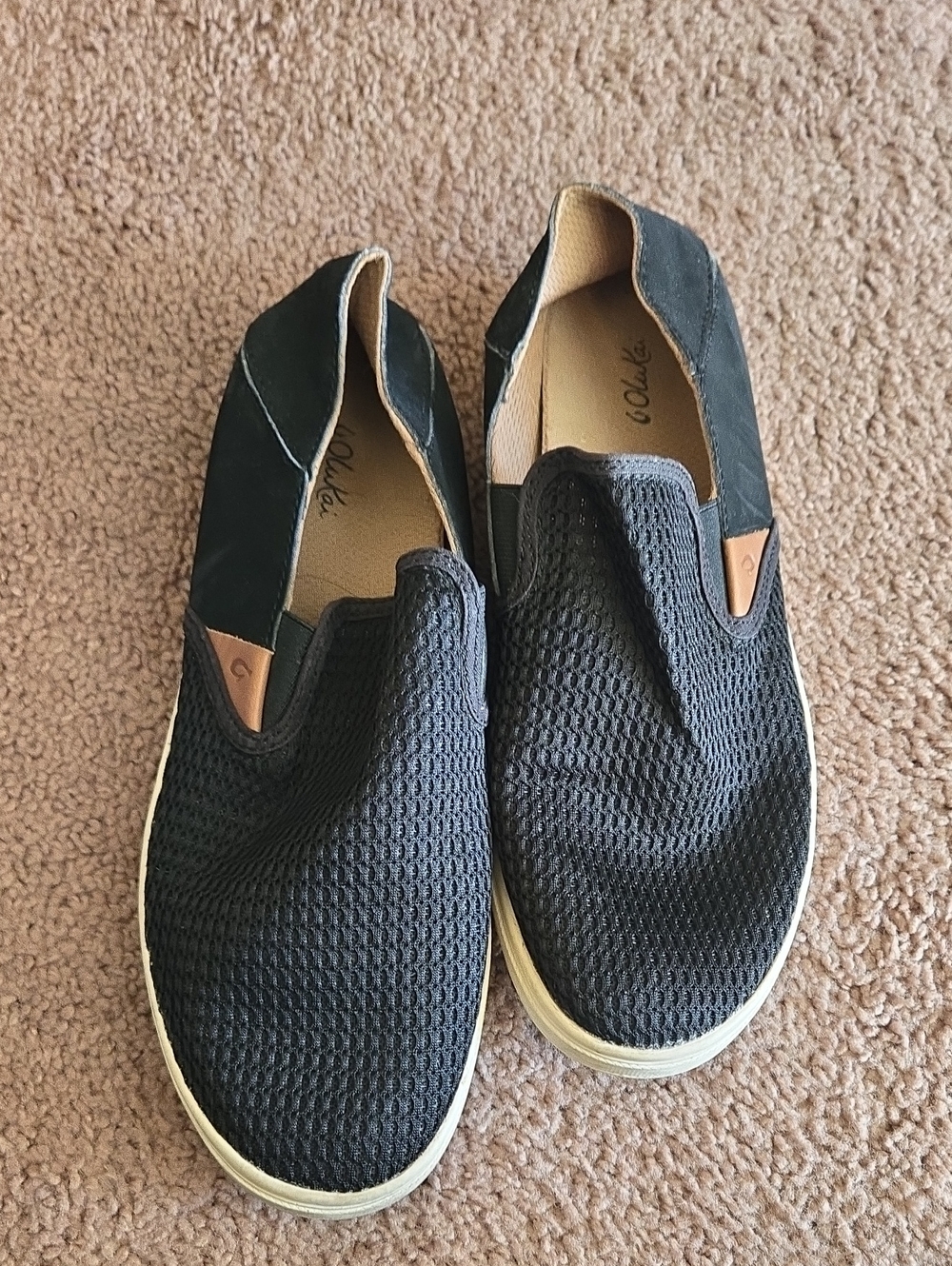 OluKai Men's Black Slip-On Mesh Loafers with Tan Accents